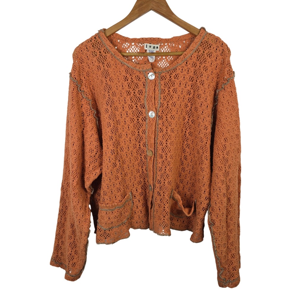 Luna Burnt Orange Cotton Crochet Knit Cardigan Gold Trim Boho Size Xl 1X